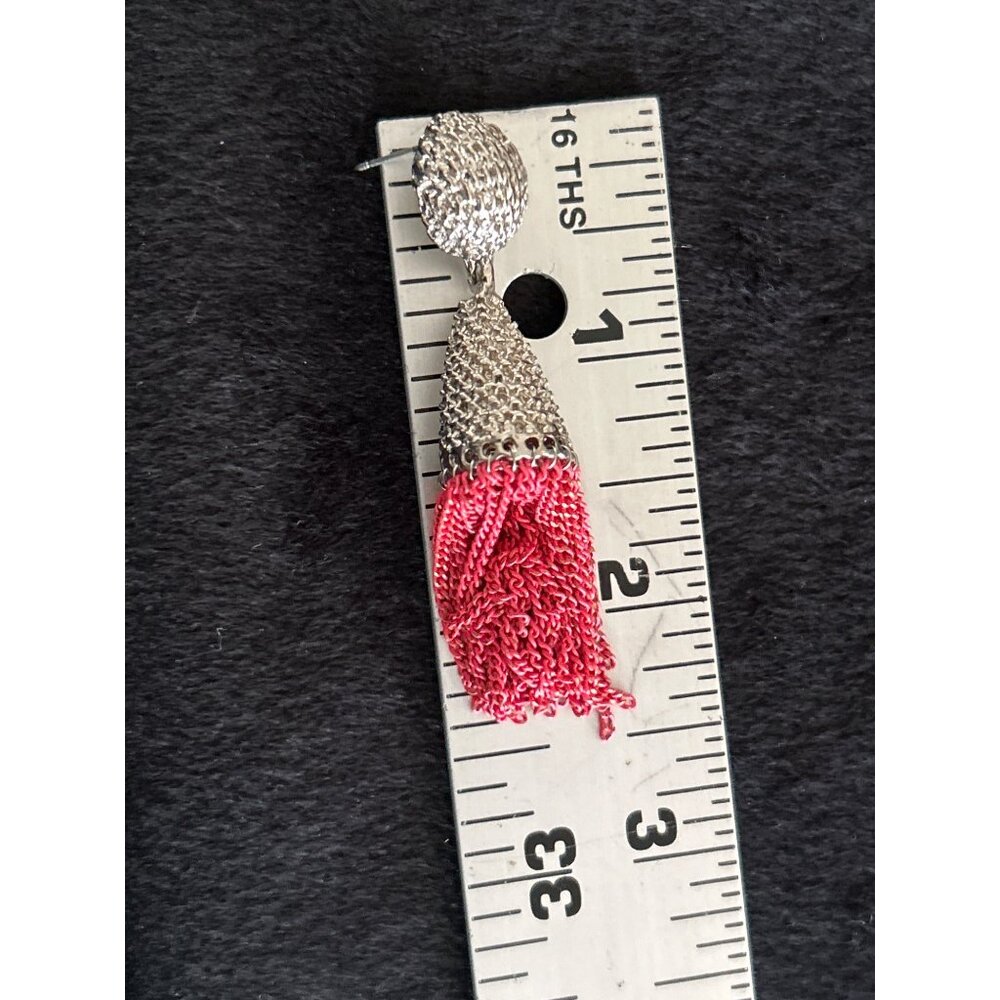 Silver & Red Tassel Chain Drop Earrings Statement Jewelry 2.5" Vintage Style - Picture 4 of 5